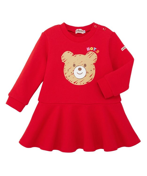 MIKI HOUSE HOT BISCUITS 【80-120cm】ビッグフェイスプリント 裏毛パイル素材 フレアワンピース 赤