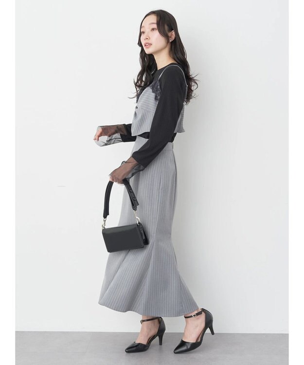 earth music&ecology ピンストライプ胸元レースビスチェ Stripe Light Gray
