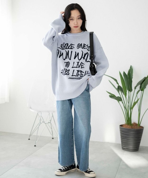 WEGO ハンドライティングジャガードニット ブルー