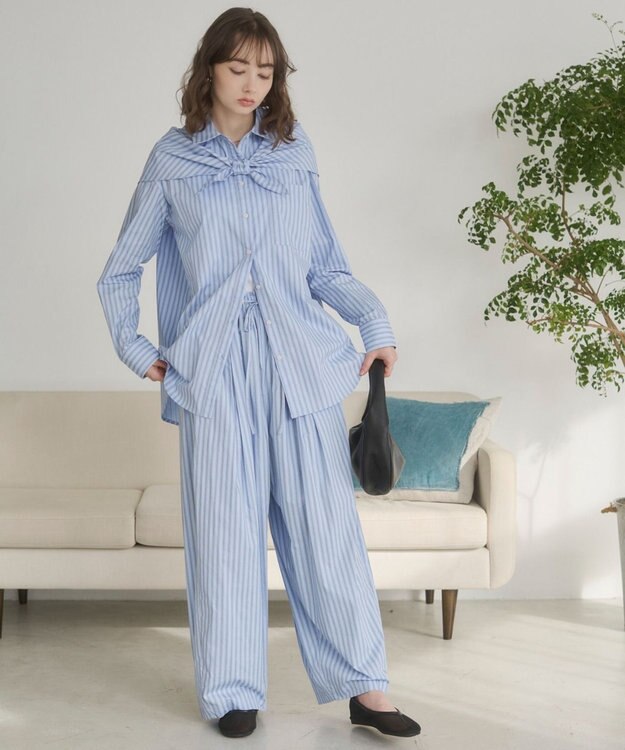 WEGO 【ANGIE VINTAGE】スカーフ付きオーバーサイズストライプシャツ ブルーその他