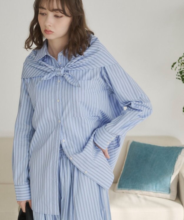 WEGO 【ANGIE VINTAGE】スカーフ付きオーバーサイズストライプシャツ ブルーその他