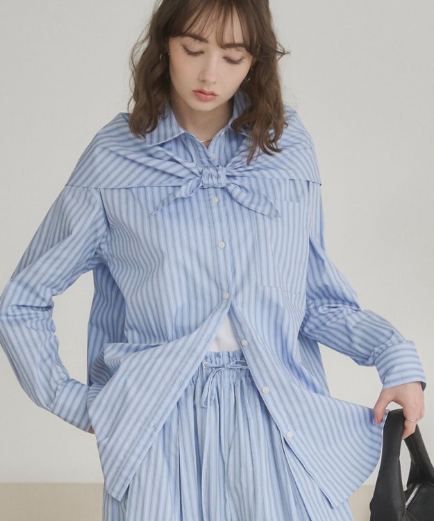 WEGO 【ANGIE VINTAGE】スカーフ付きオーバーサイズストライプシャツ ブルーその他