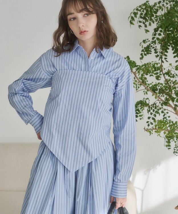 WEGO 【ANGIE VINTAGE】スカーフ付きオーバーサイズストライプシャツ ブルーその他