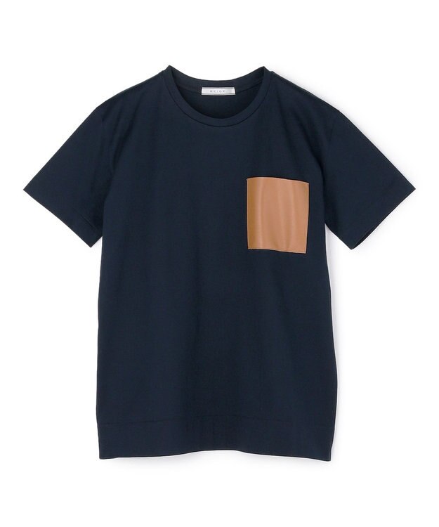 BEIGE， TORENIA / レザーポケットコットンクルーネックTシャツ Navy×Camel
