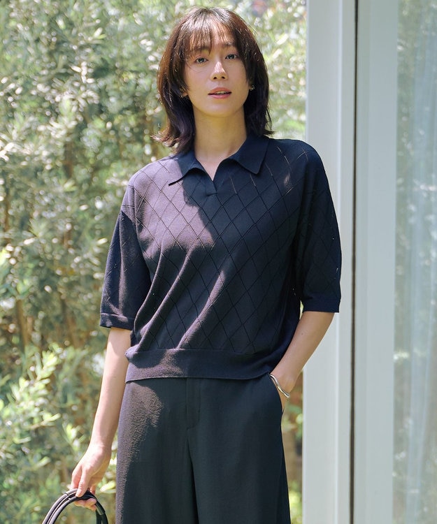 J.PRESS LADIES 【洗える・抗菌防臭】COTTON POLYESTER ポロ ニット ネイビー系