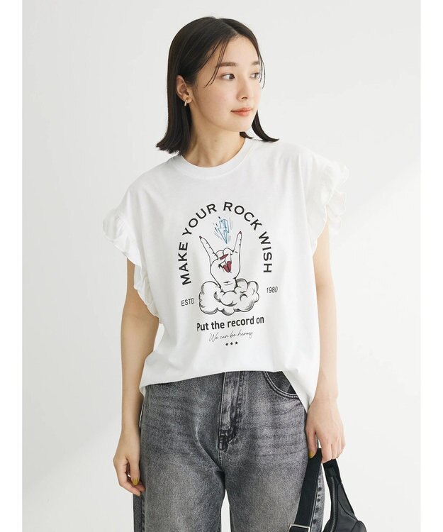 Green Parks ・ＤｏｕｂｌｅＦｌａｇｓ　フリルショルダープリントＴＥＥ Off White