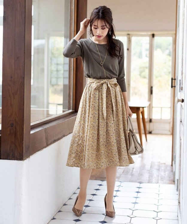 Tiaclasse 【洗える】異素材を組み合わせた花柄ドッキングワンピース カーキ