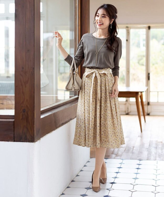 Tiaclasse 【洗える】異素材を組み合わせた花柄ドッキングワンピース カーキ