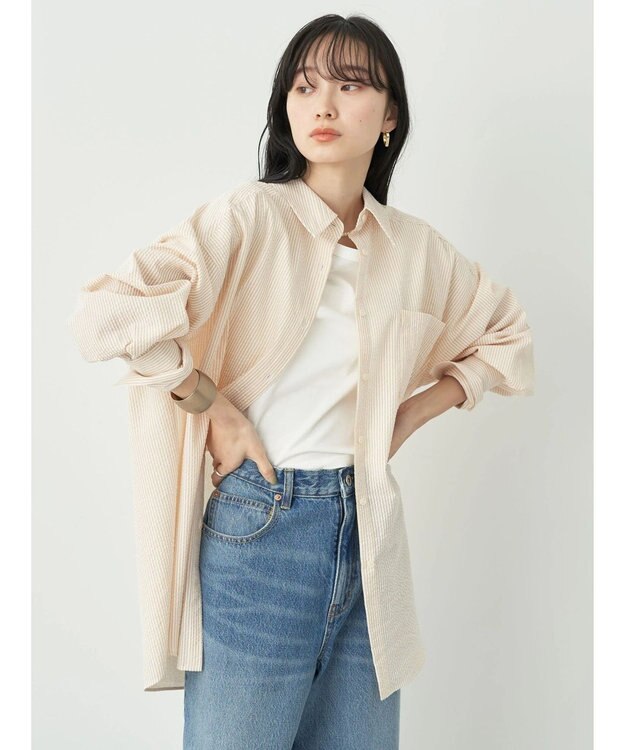 earth music&ecology サッカーストライプボーイズライクシャツ Orange