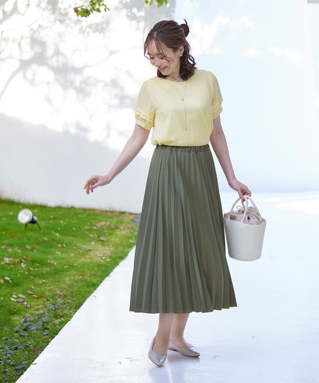 Tiaclasse L 【洗える】シアーチェック柄パフスリーブブラウス イエロー