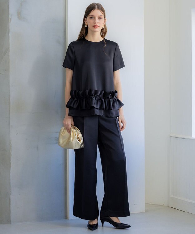 23区 【APPLAUDIR】クリアダブルサテン フリルヘム ブラウス ブラック系