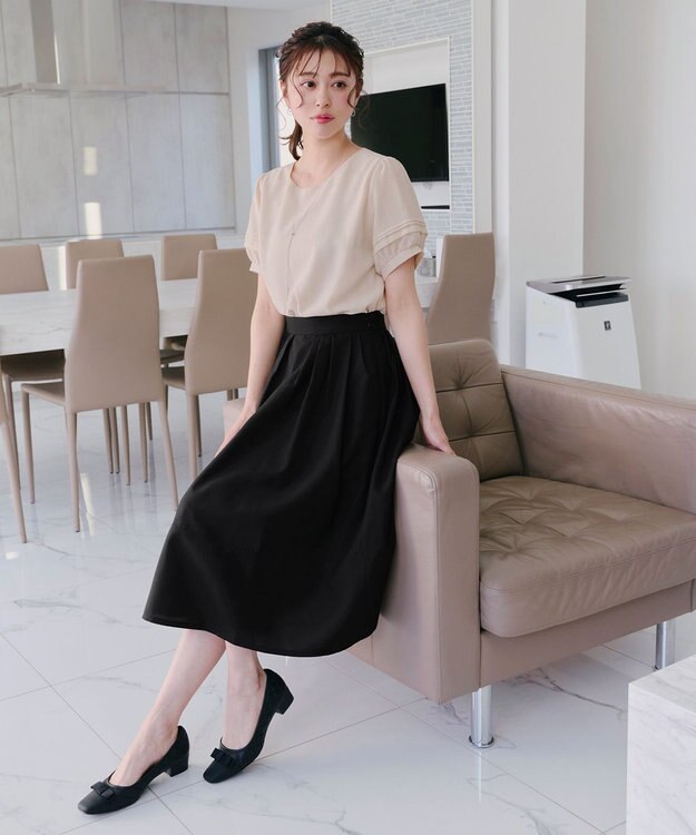 Tiaclasse L 【洗える】シアーチェック柄パフスリーブブラウス ベージュ