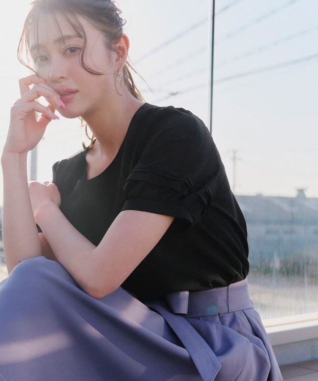 Tiaclasse L 【洗える】シアーチェック柄パフスリーブブラウス ブラック