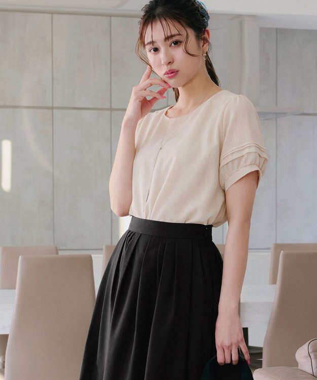 Tiaclasse L 【洗える】シアーチェック柄パフスリーブブラウス ベージュ