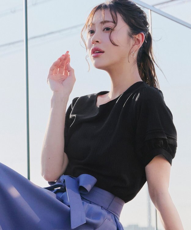 Tiaclasse L 【洗える】シアーチェック柄パフスリーブブラウス ブラック