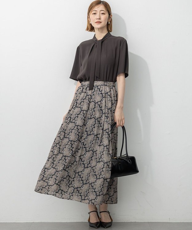 23区 S 【UVカット/接触冷感/吸水速乾】ストレッチジョーゼット ボウタイ カットソー ダークブラウン系