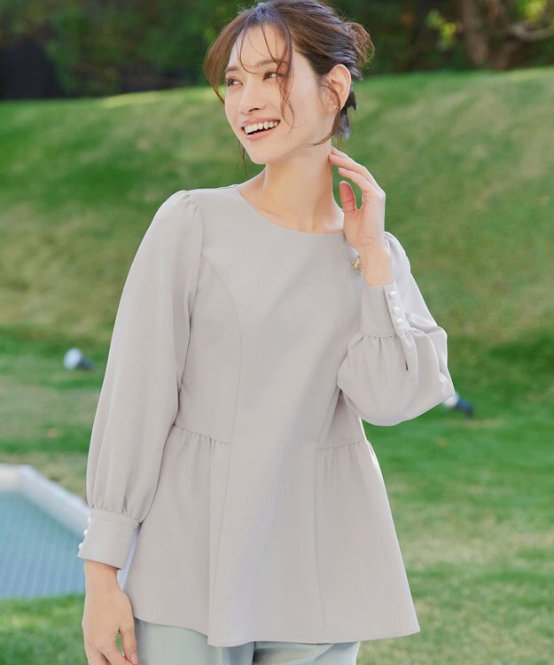 Tiaclasse 【ダブルクロス】パフスリーブペプラムチュニックブラウス グレージュ