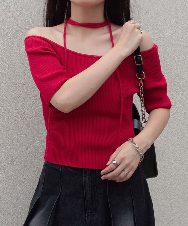 WEGO チョーカーリボン付きオフショルニット レッド