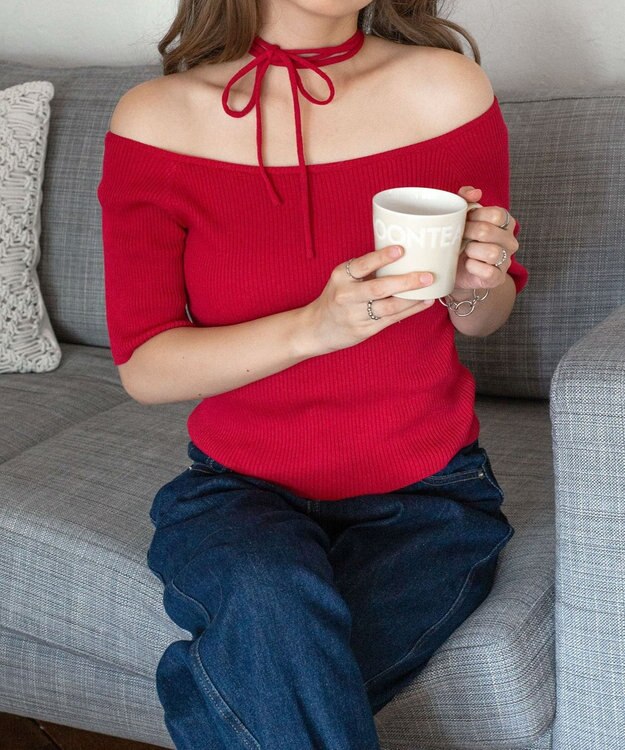 WEGO チョーカーリボン付きオフショルニット レッド