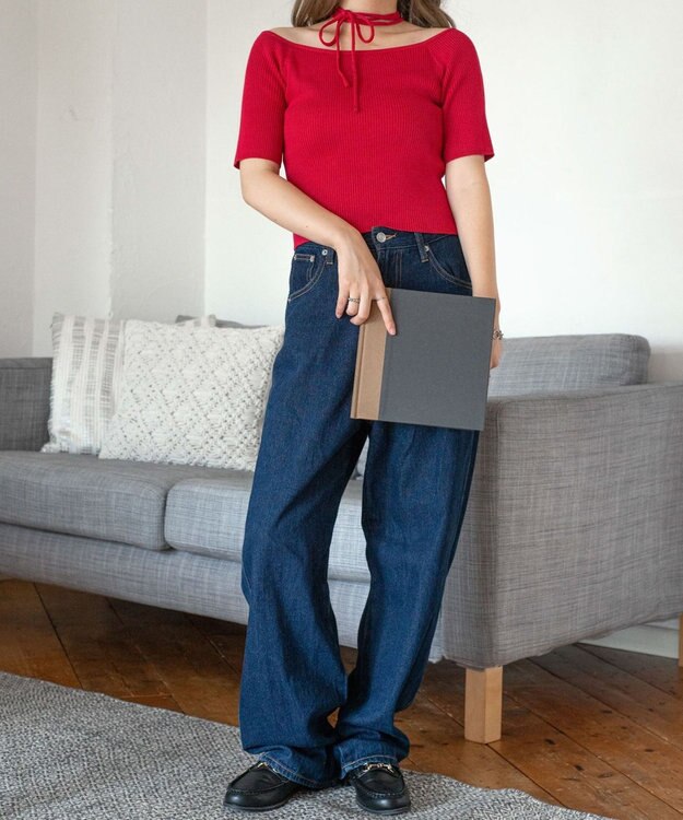 WEGO チョーカーリボン付きオフショルニット レッド