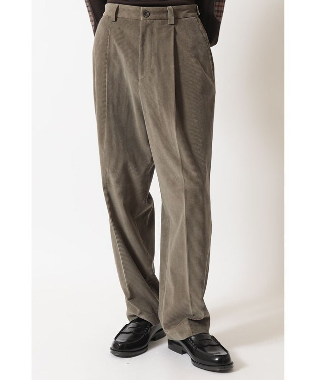 DAKS ソフトコーデュロイ ワイドレッグ ディーププリーツパンツ カーキ