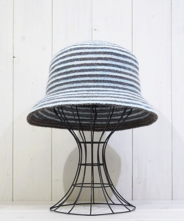 石田製帽 モヘヤ混ボーダー　バケット グレーxサックス