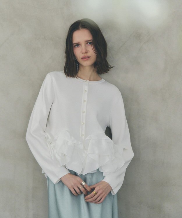 YECCA VECCA パール釦ラッフルカーディガン Off White
