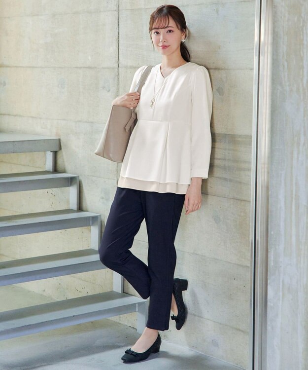 Tiaclasse L 【洗える】ストレッチサイドラインパンツ ネイビー