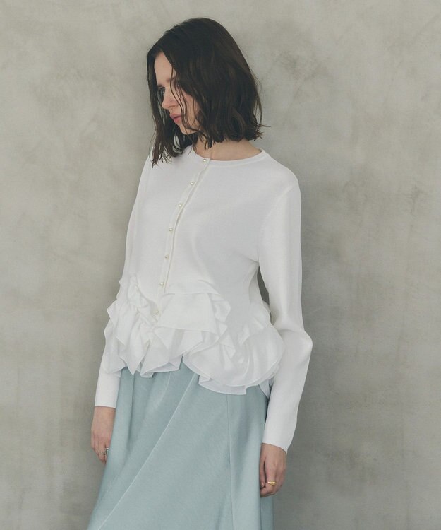 YECCA VECCA パール釦ラッフルカーディガン Off White