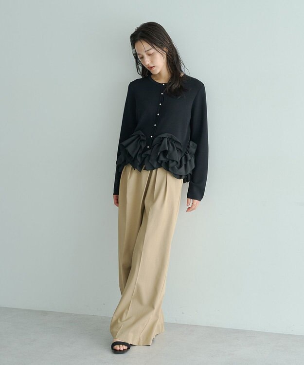 YECCA VECCA パール釦ラッフルカーディガン Black