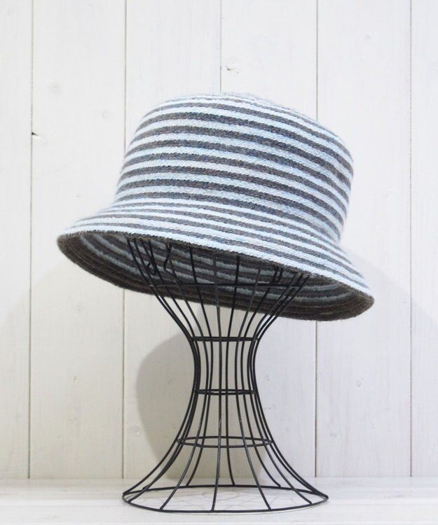 石田製帽 モヘヤ混ボーダー　バケット グレーxサックス