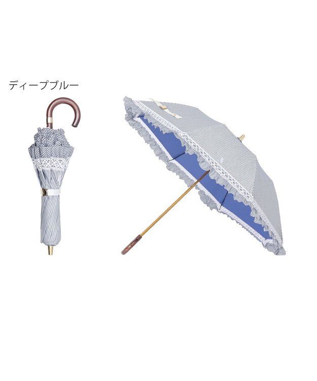 MOONBAT 【遮光/晴雨兼用日傘】POLO RALPH LAUREN（ポロラルフローレン）折りたたみ日傘 ストライプフリル 遮熱 遮光 UV ディープブルー