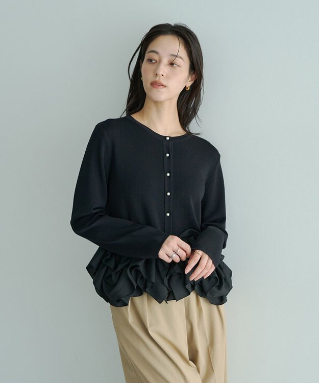 YECCA VECCA パール釦ラッフルカーディガン Black
