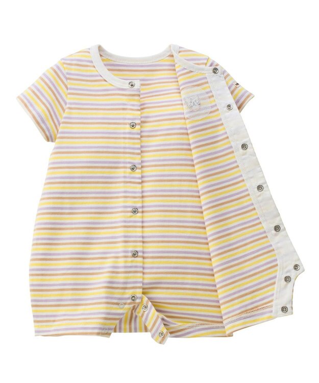 MIKI HOUSE HOT BISCUITS 【70-80cm】 みじんボーダー ワンポイント刺繍 ショートオール ラベンダー