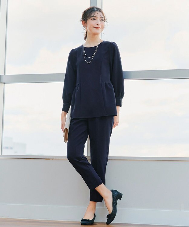 Tiaclasse 【ダブルクロス】パフスリーブペプラムチュニックブラウス ネイビー