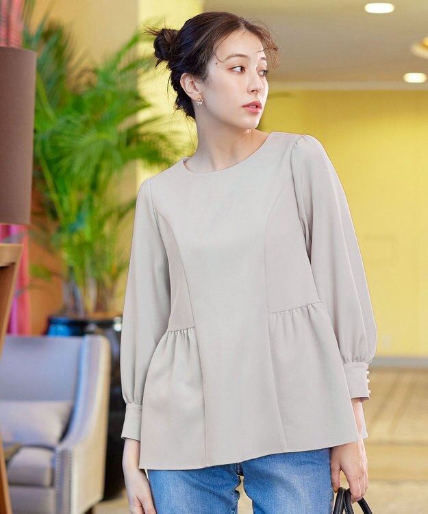 Tiaclasse 【ダブルクロス】パフスリーブペプラムチュニックブラウス グレージュ