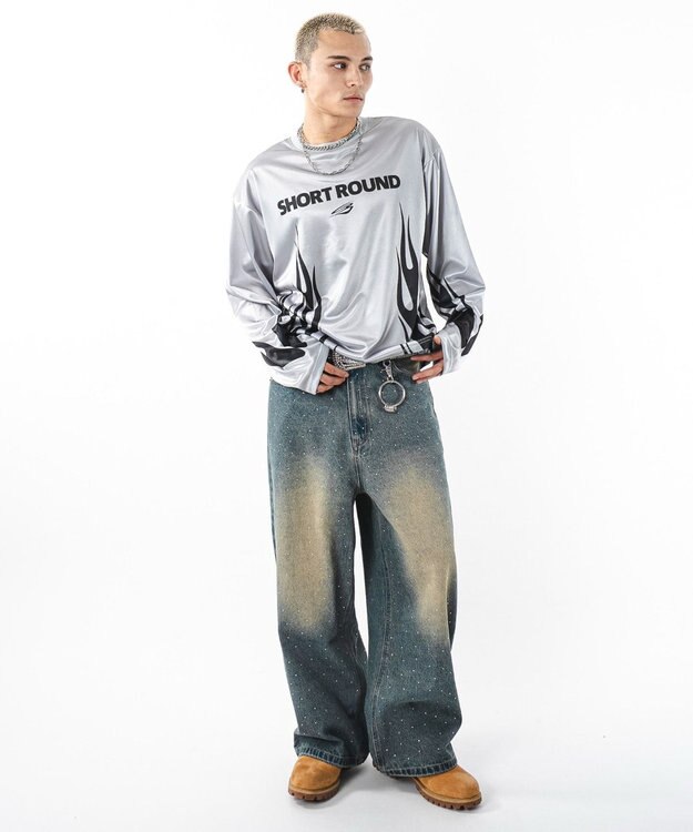 WEGO 【ユニセックス着用ITEM】スーパーバギーラインストーンデニムパンツ デニム中濃加工色