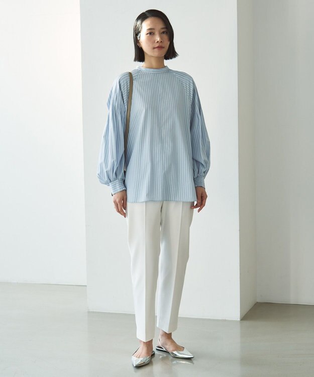 UNFILO ショルダータック ブラウス スカイブルーストライプ
