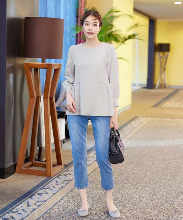 Tiaclasse 【ダブルクロス】パフスリーブペプラムチュニックブラウス グレージュ