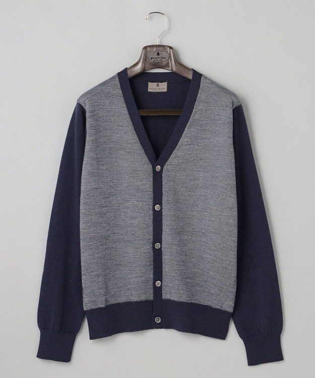 GOTAIRIKU 体温調整に【洗える/チクチクしにくい/ピリングしにくい】イタリア糸 ハイゲージ カーディガン_WOOL100% ネイビー×バーズアイ柄(25年新色)