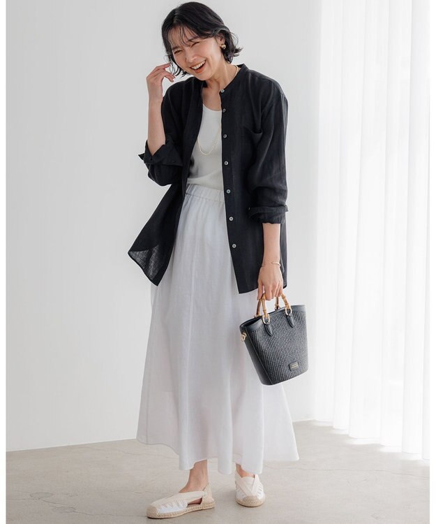 23区 L 【洗える】LIBECO バンドカラー シャツ ブラック