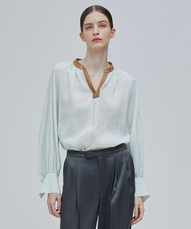 BEIGE， PAULINE / レザーコンビブラウス Mint x Camel