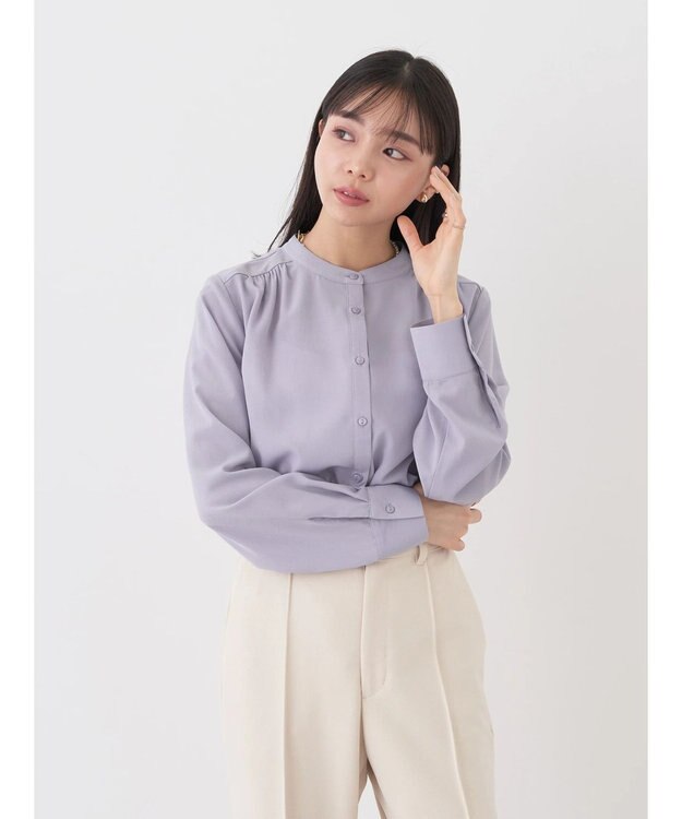 earth music&ecology バンドカラーブラウス Grayish Blue