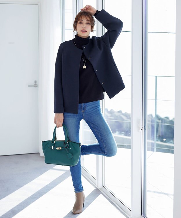 Tiaclasse ダイバー素材ノーカラージャケット ネイビー