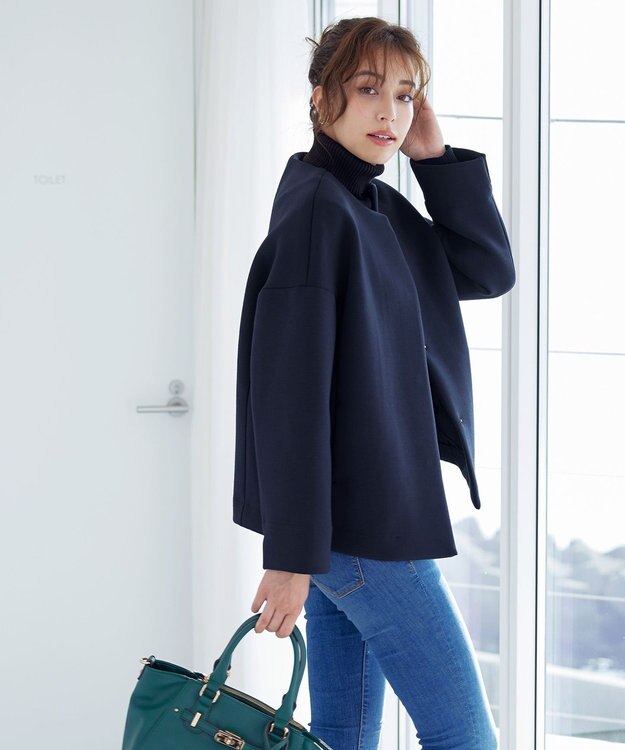 Tiaclasse ダイバー素材ノーカラージャケット ネイビー