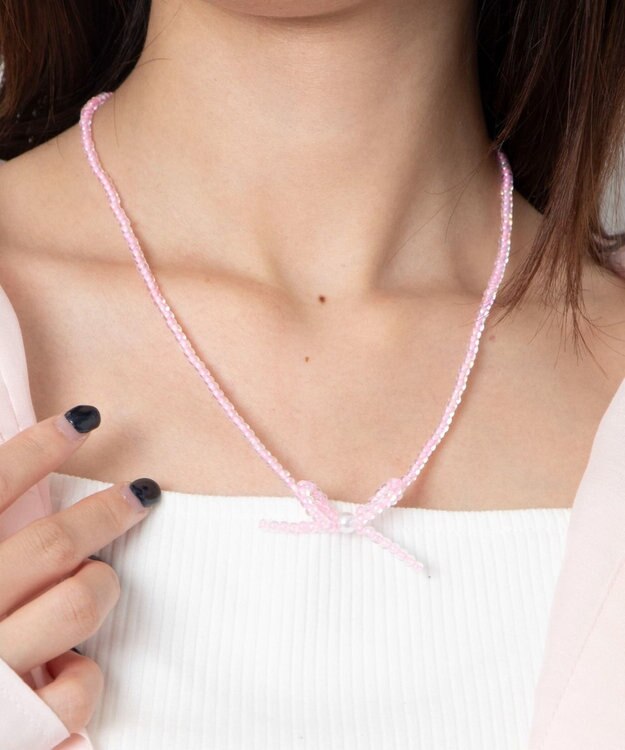WEGO Lカラービーズリボンネックレス ライトピンク