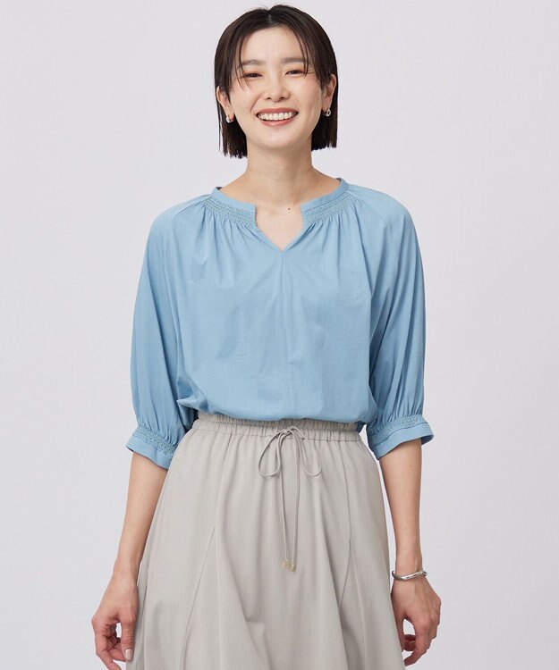 J.PRESS LADIES 【洗える】トリコットバイオ シャーリング カットソー ブルーグリーン系