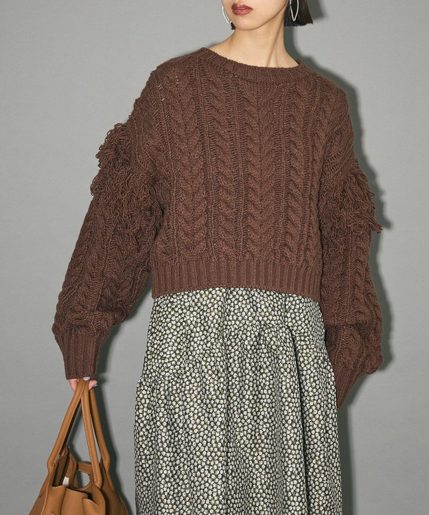 Green Parks フリンジスリーブショート丈ケーブルニット Dark Brown