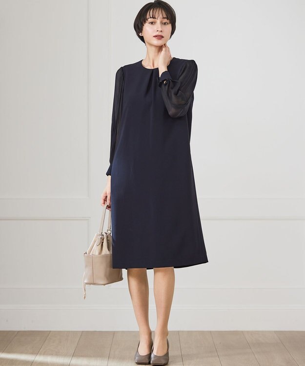 23区 S 【セットアップ対応/洗える】トリアセダブルジョーゼット シフォンスリーブ ワンピース ネイビー系