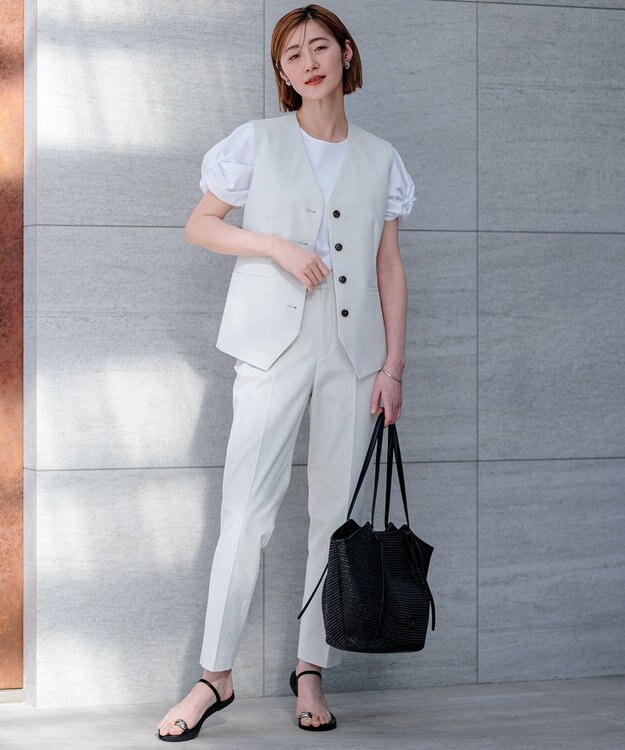 23区 L 【セットアップ対応/洗える】コットンリネン オックスストレッチ ジレ アイボリー系